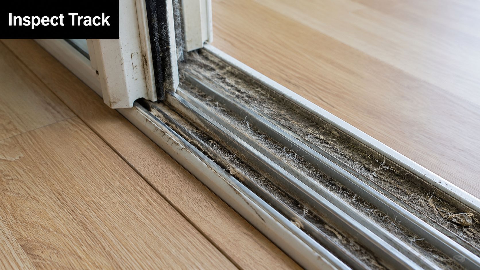 A close-up view of a dirty, debris-filled sliding door track that requires cleaning and maintenance.