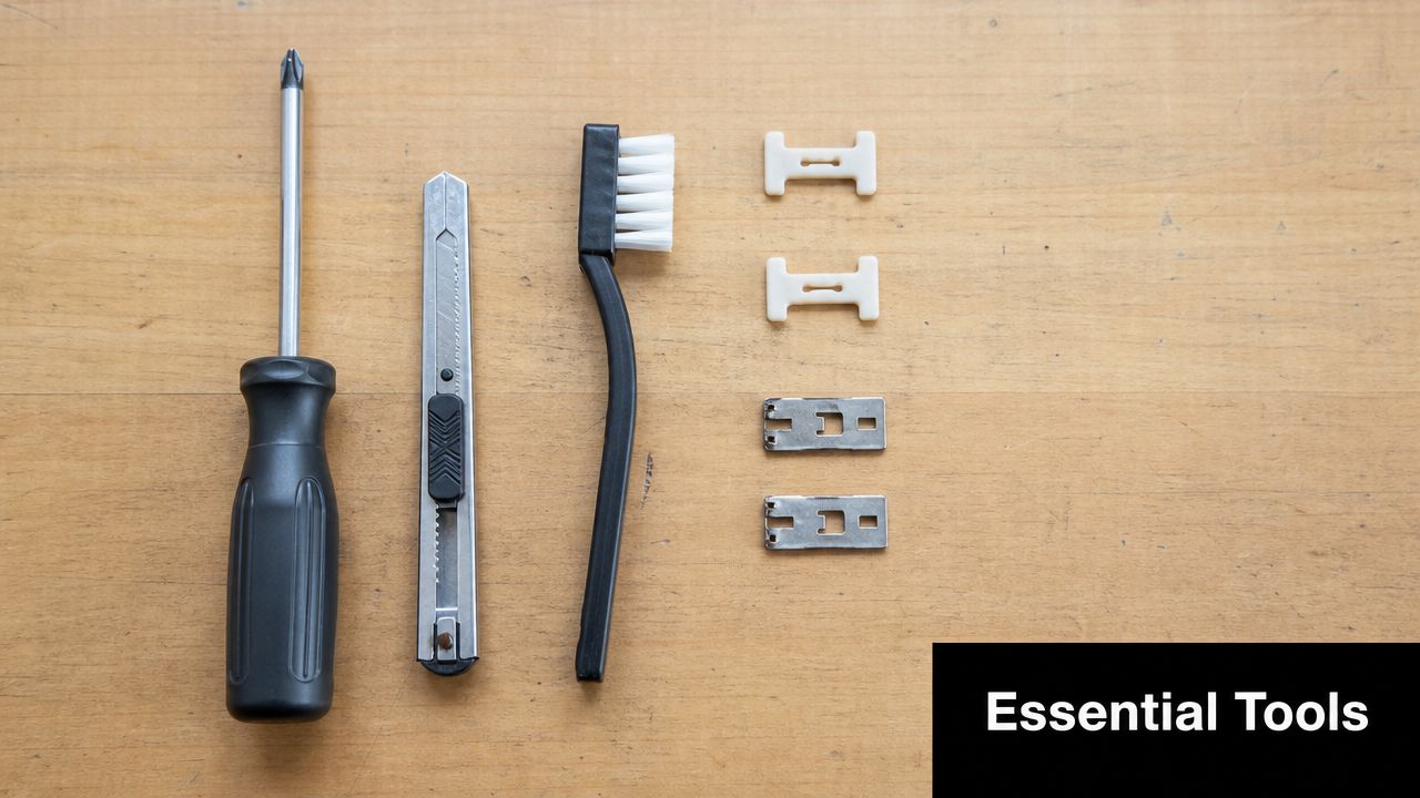 A screwdriver, utility knife, brush, and small hardware components laid out on a wooden surface.