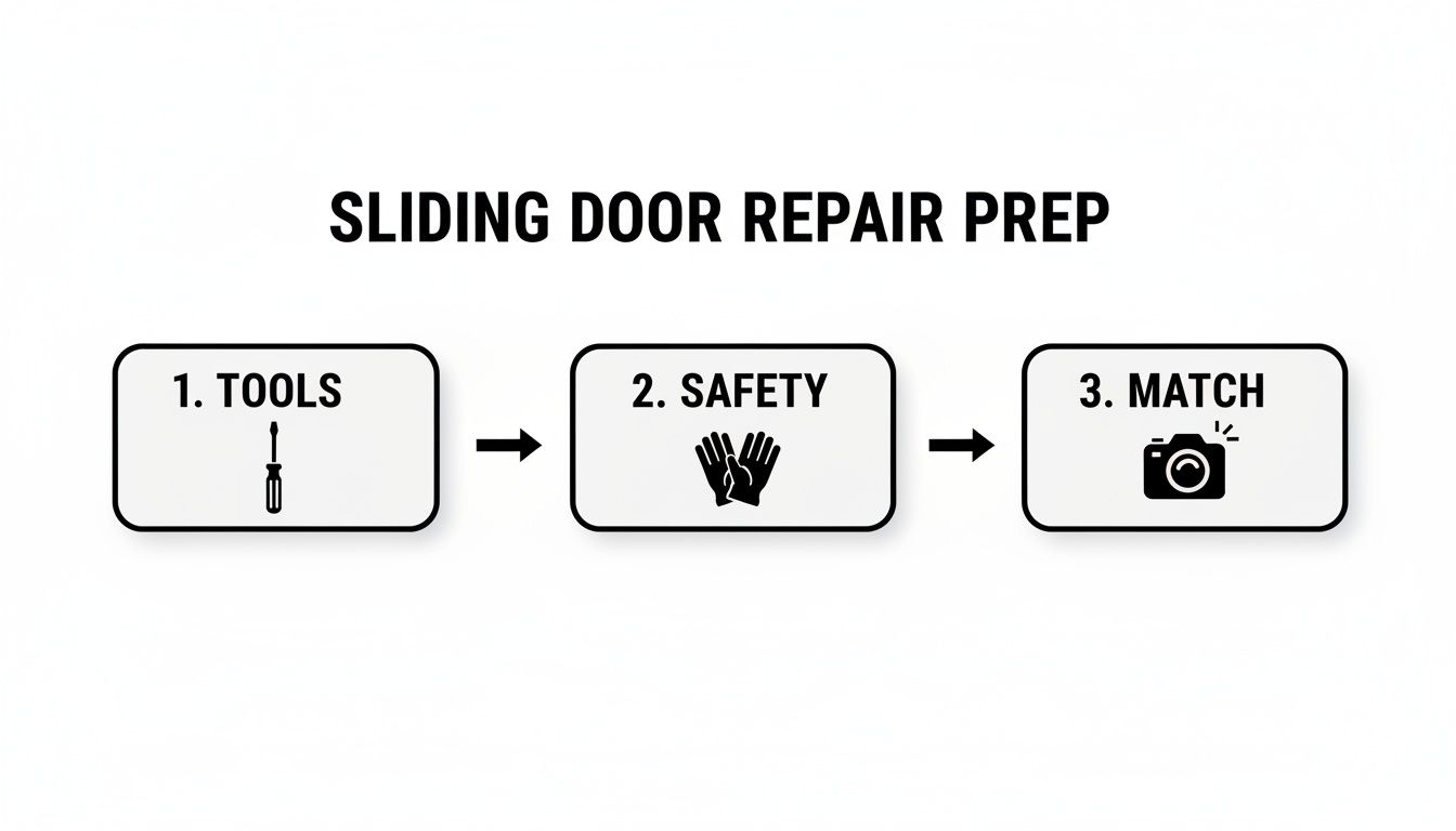 A diagram outlining three steps for sliding door repair prep: tools, safety, and matching parts.