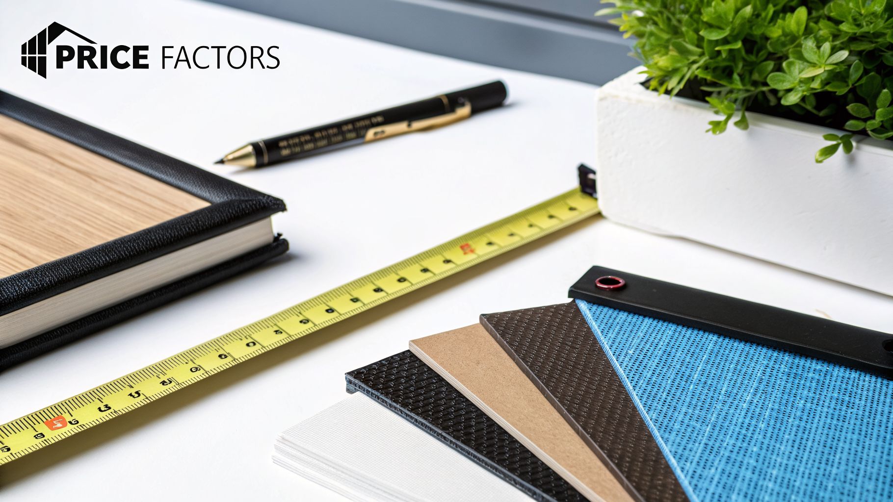 A desk with a measuring tape, material samples, notebook, pen, and a green plant, for design work.