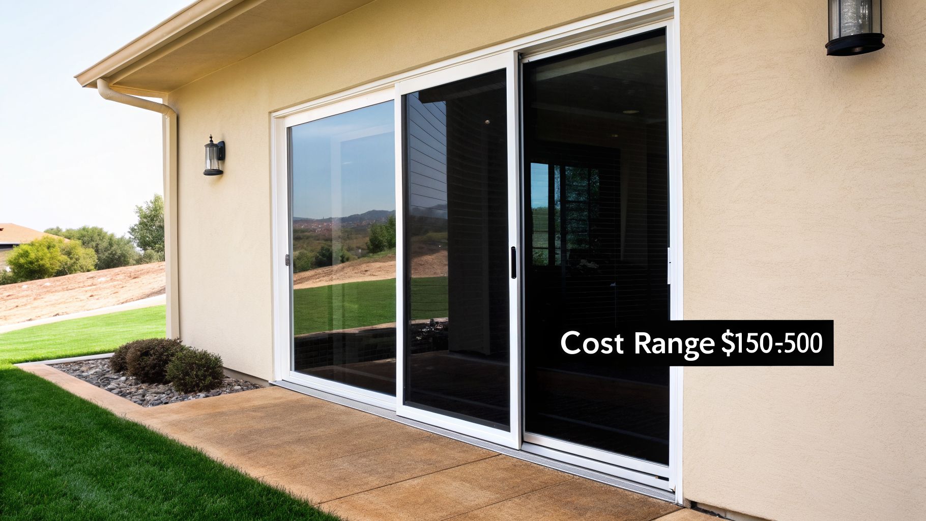 A beige house exterior featuring a large sliding glass door with a screen, opening onto a patio and green lawn.
