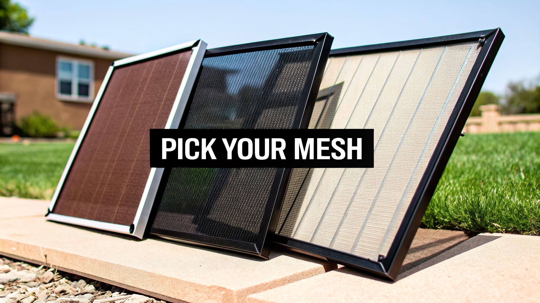 Three screen mesh samples in brown, black, and beige striped patterns leaning outdoors on a ledge.