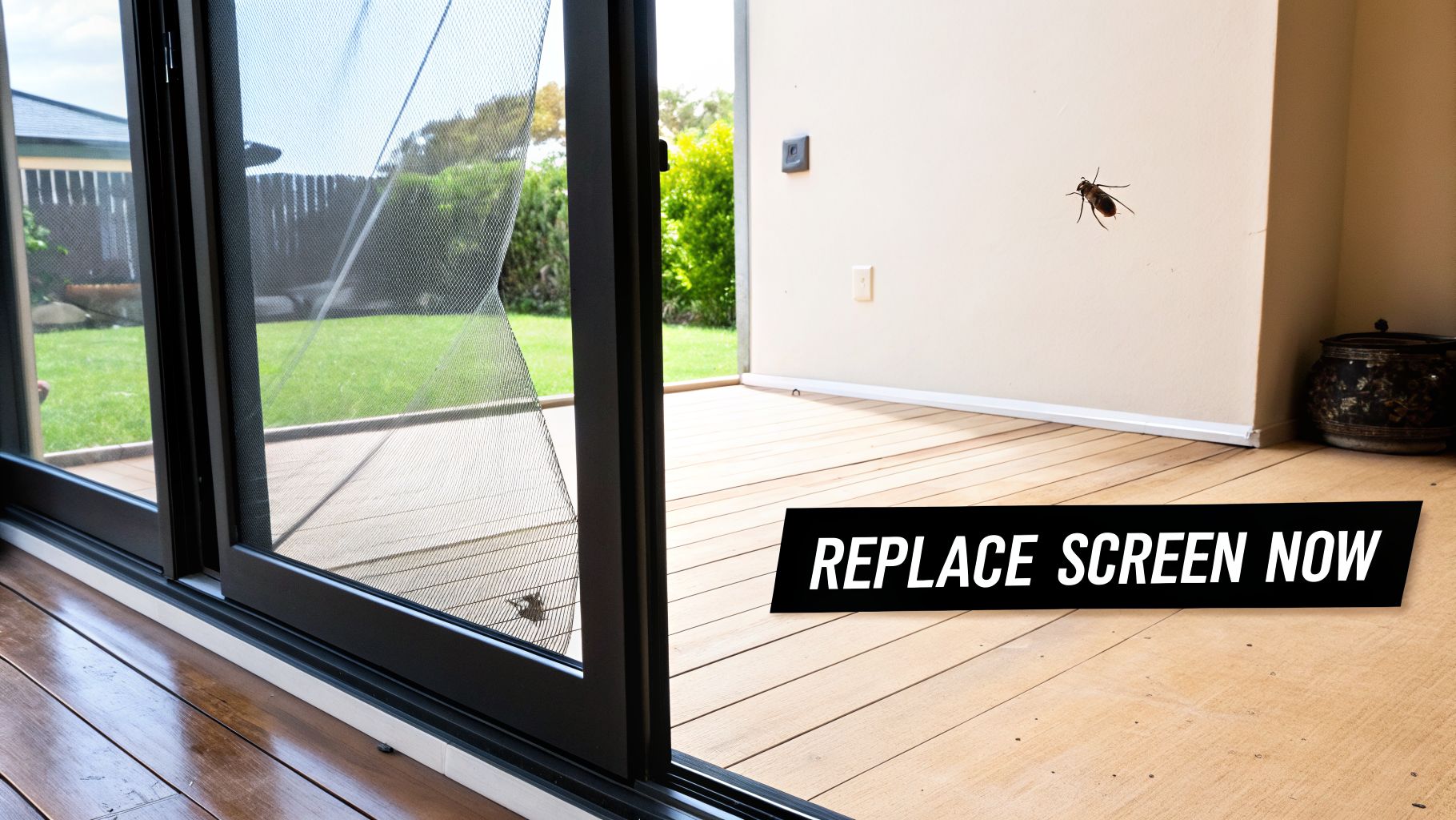 A torn sliding door screen with a bug inside the house, emphasizing the urgent need for replacement.