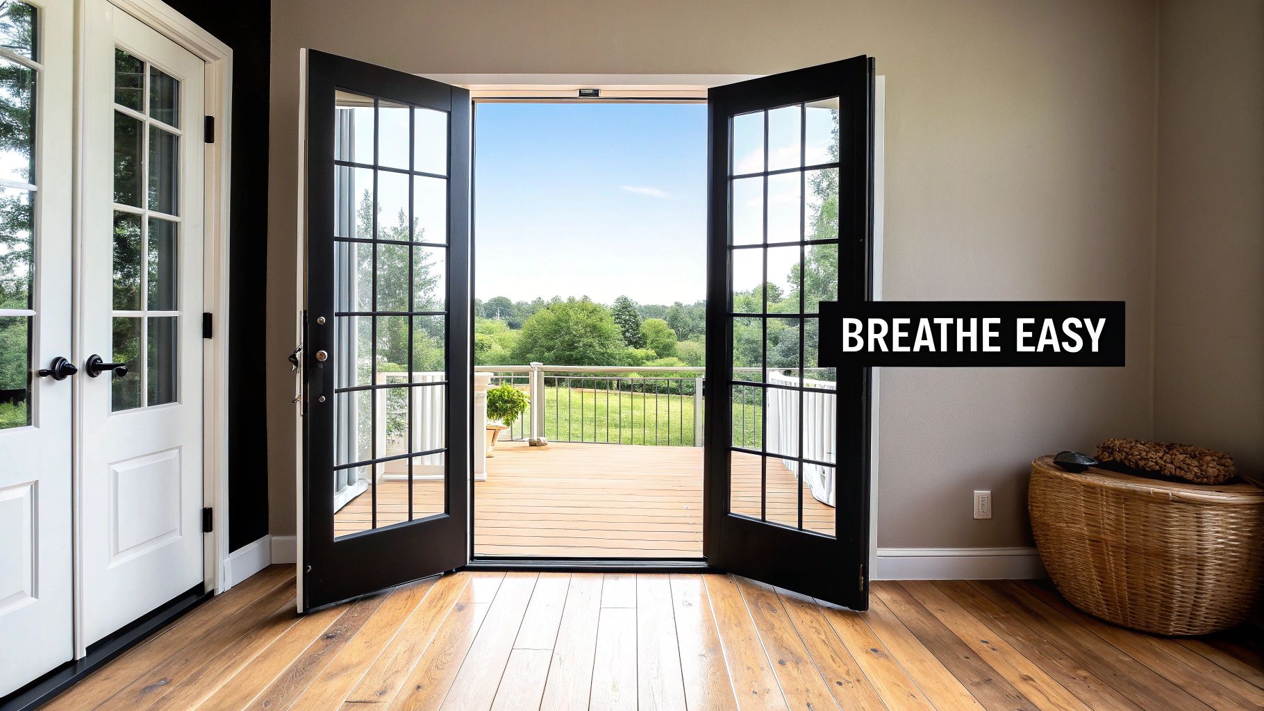 Open black French doors reveal a spacious outdoor deck and lush green landscape under a blue sky.