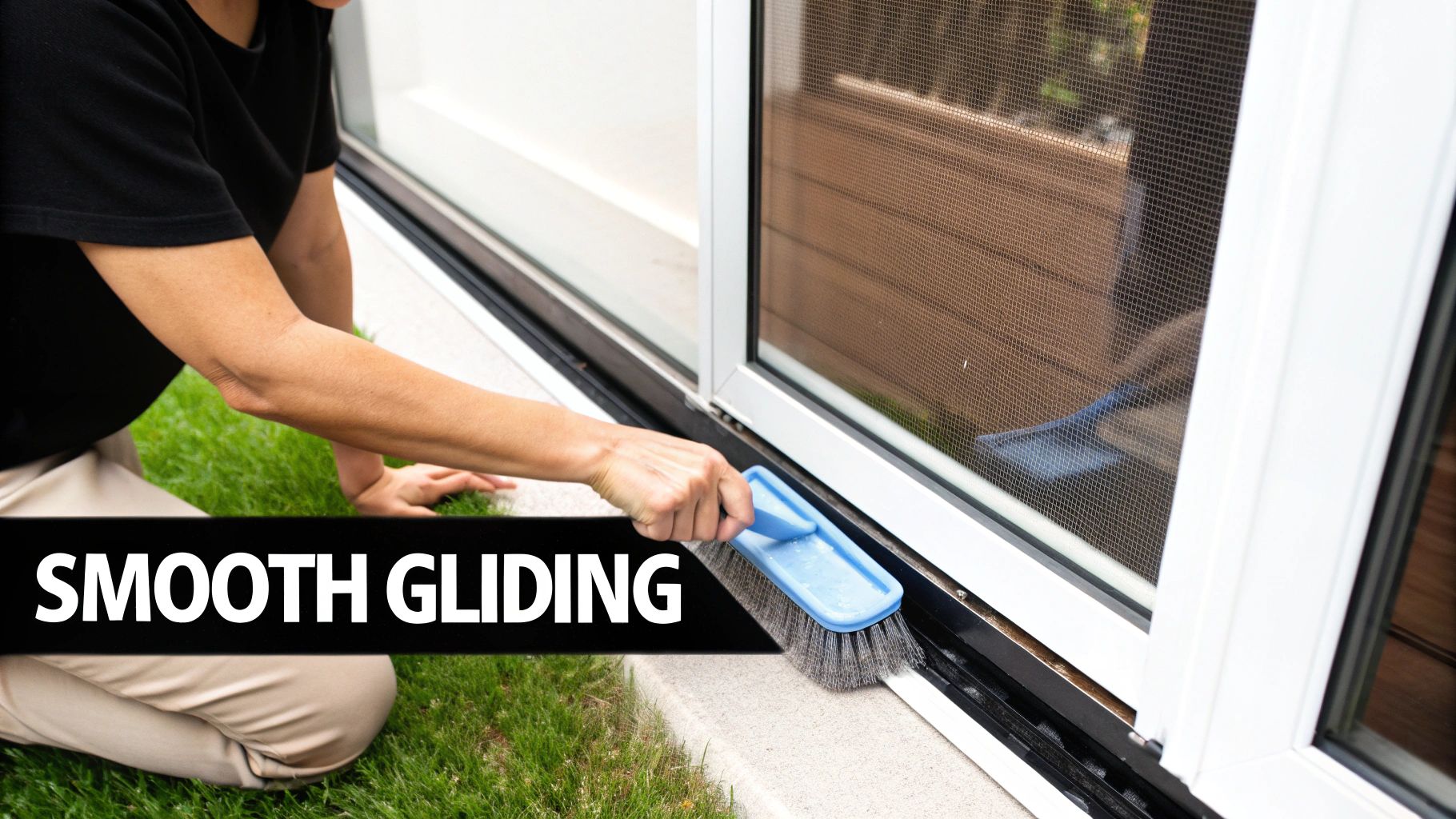 A person cleans the exterior track of a sliding glass door or screen with a brush.