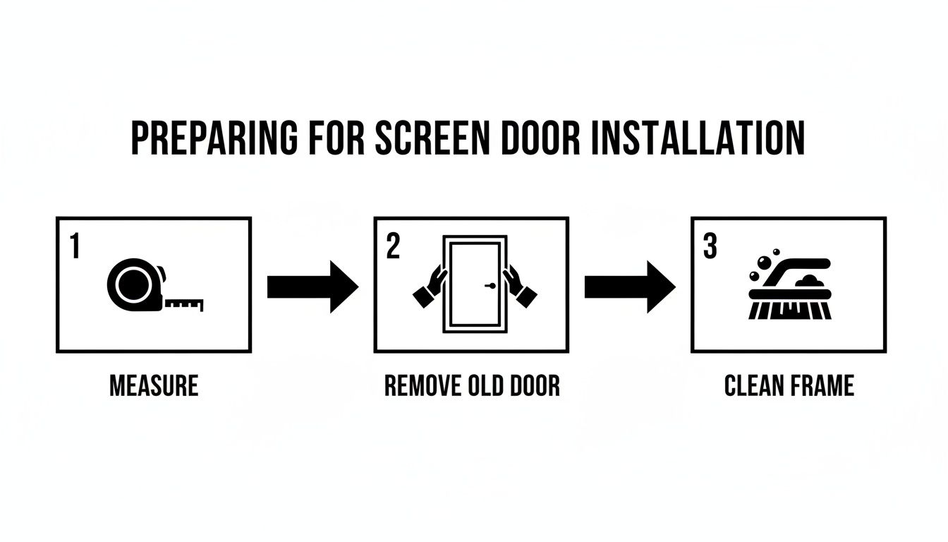 A diagram illustrating three steps for screen door installation preparation: measure, remove old door, and clean frame.