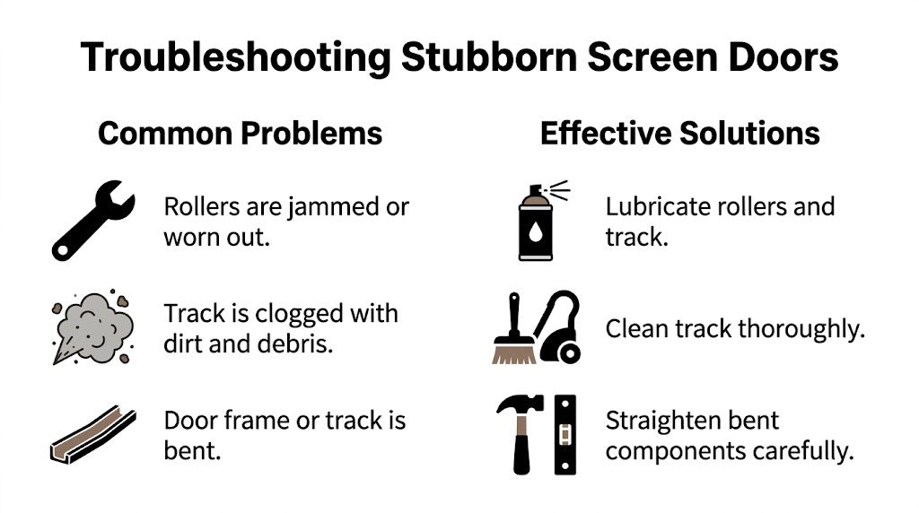 A troubleshooting guide showing common screen door problems and effective solutions like cleaning, lubricating, and fixing components.