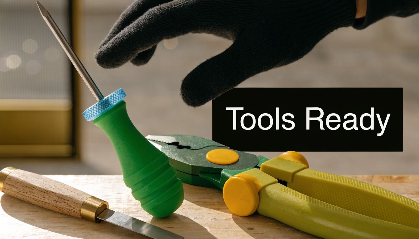 A hand wearing a black glove reaching for tools to use for sliding screen door removal projects.