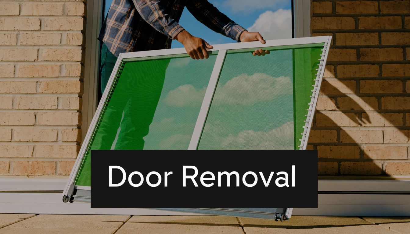 A person holding a sliding screen door panel while performing a door removal process outdoors.