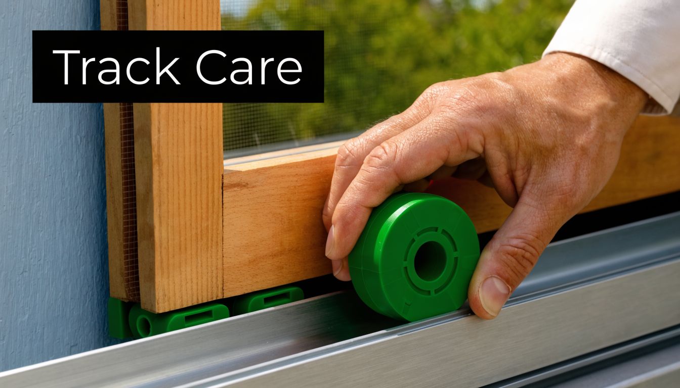 A hand placing a green roller component onto the metal track of a wooden sliding screen door.