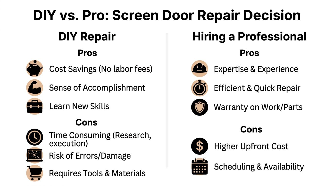 A comparison chart outlining the pros and cons of DIY screen door repair versus hiring a professional.