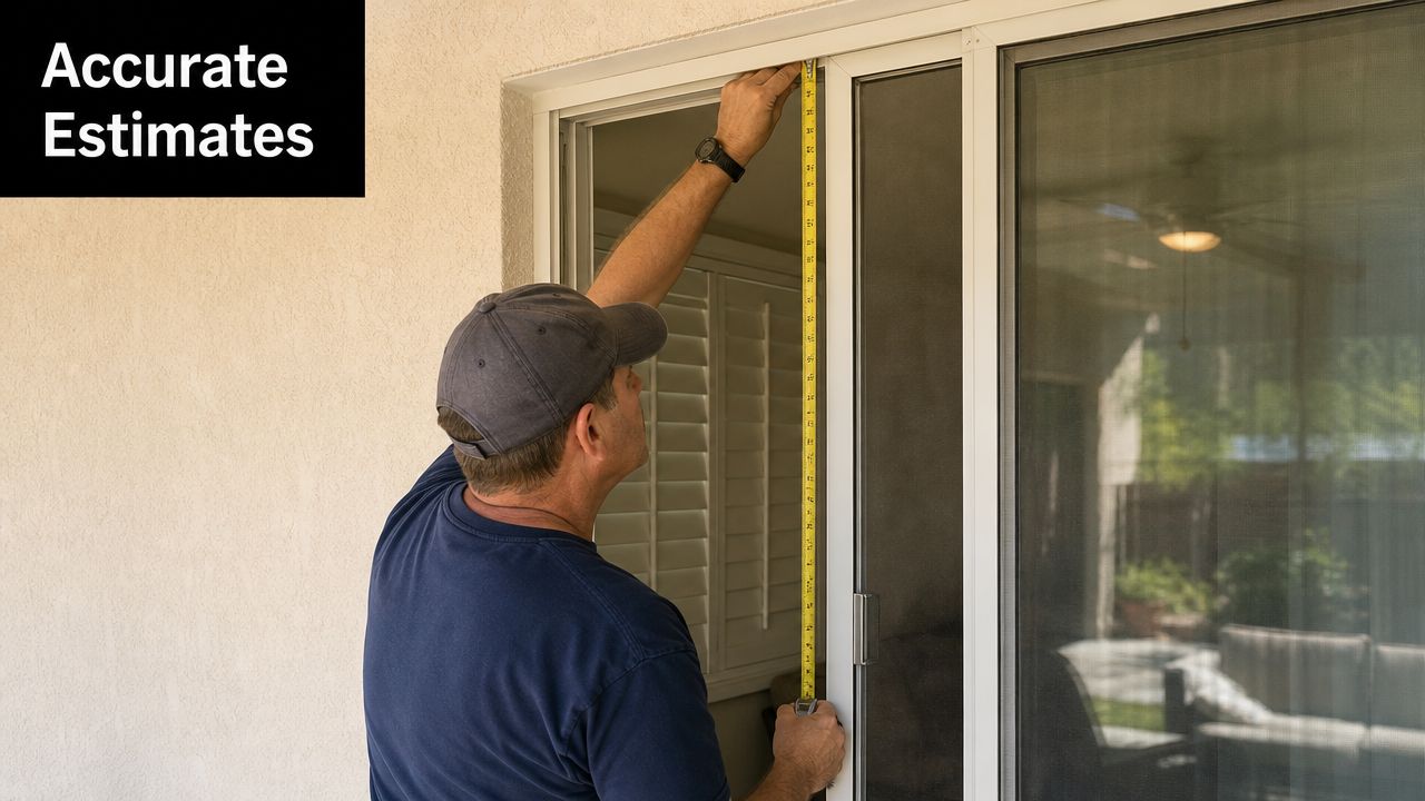 A professional technician measuring the height of a sliding glass door frame for an accurate repair estimate.