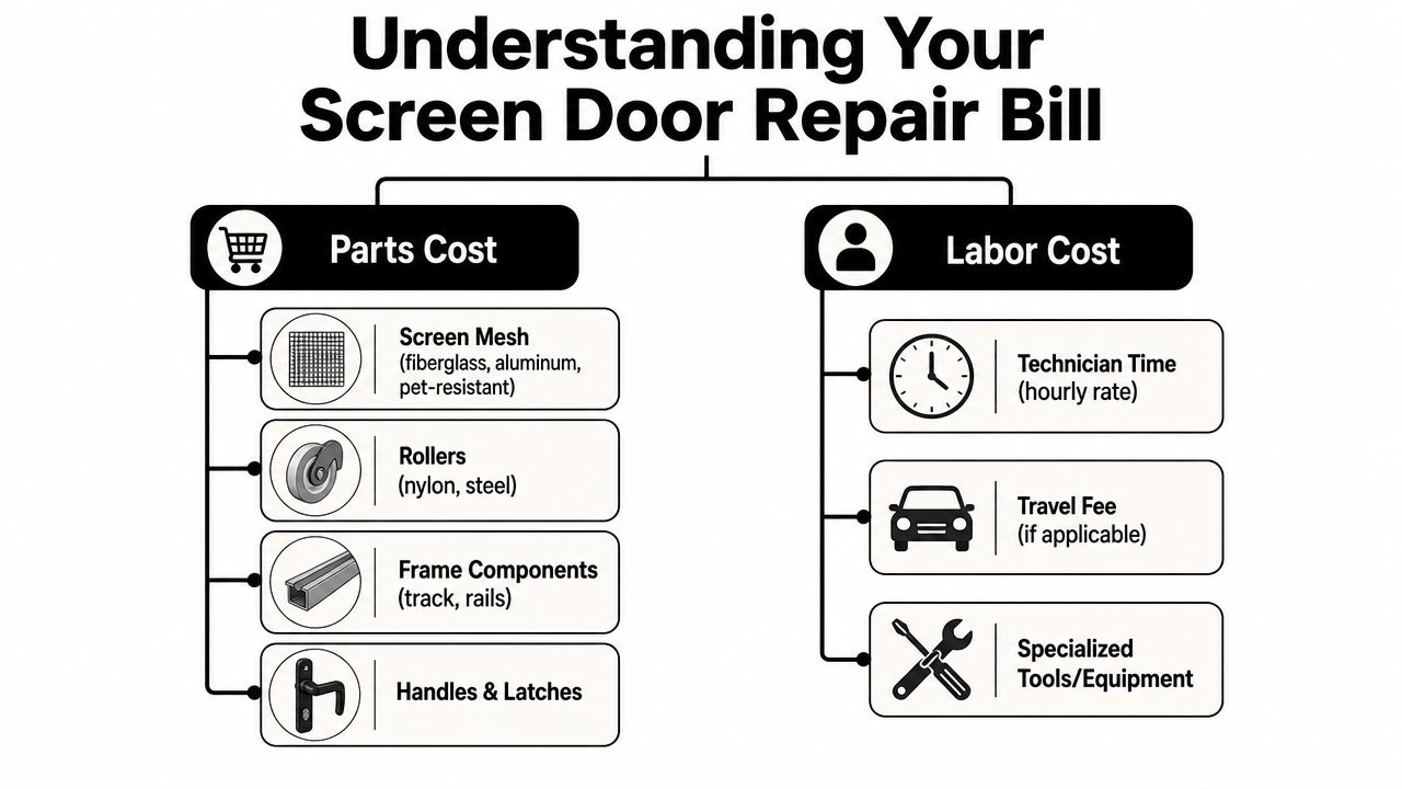 A diagram outlining the breakdown of costs for a screen door repair service including parts and labor.
