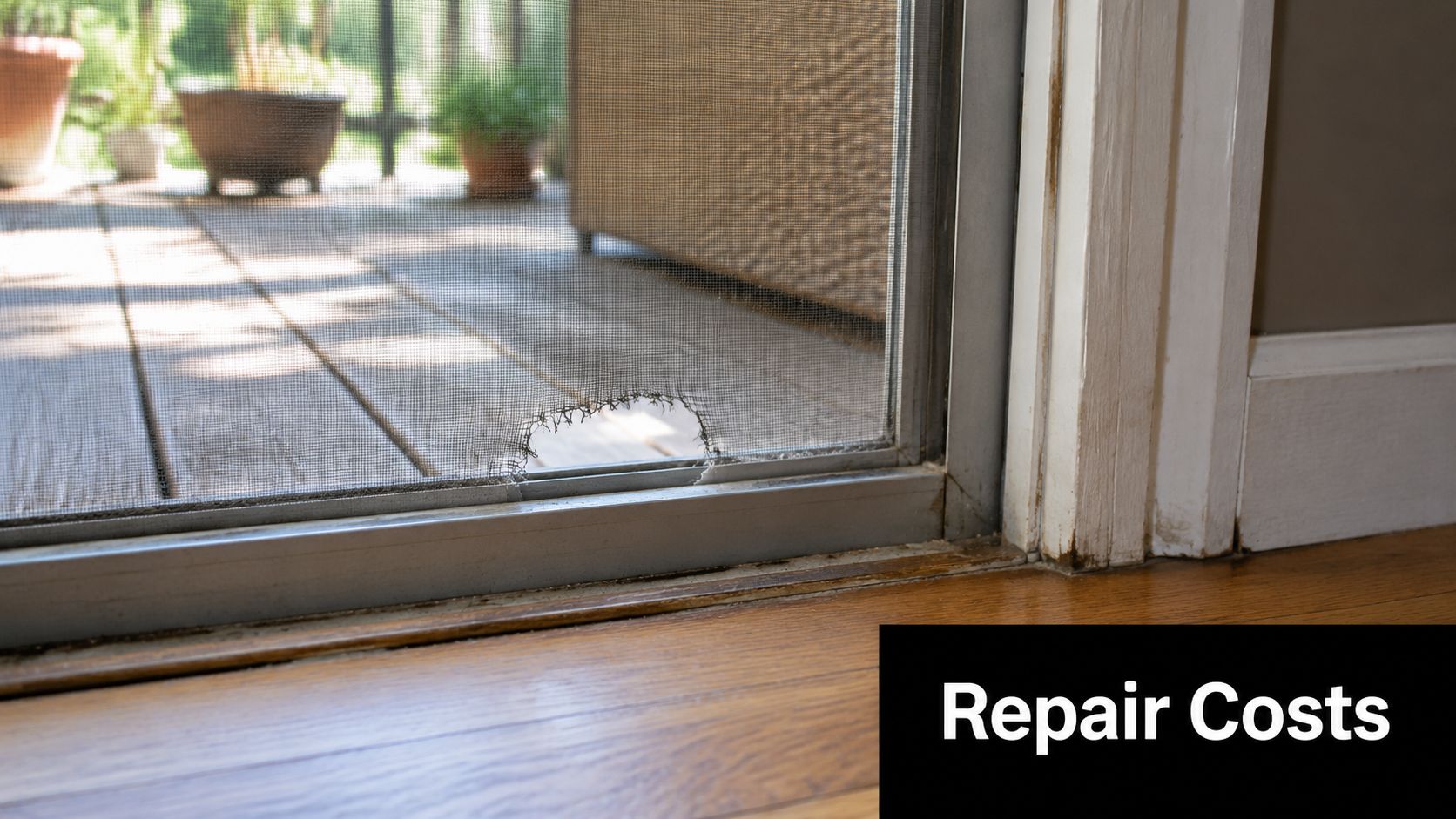 A close up view of a damaged sliding screen door with a hole needing repair.