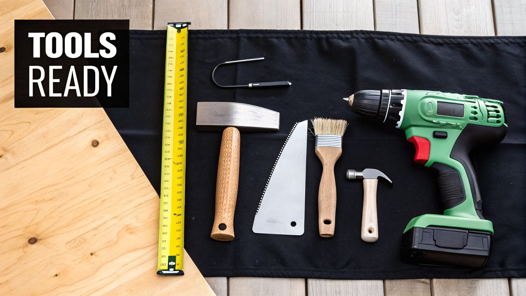 Overhead view of common home improvement tools like a drill, hammers, and measuring tape on a mat.
