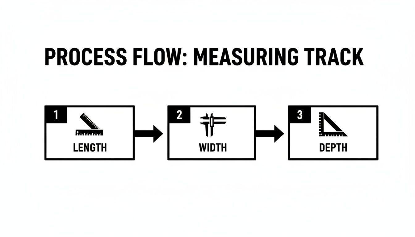 Process flow diagram illustrating three steps for measuring track: length with a ruler, width with calipers, and depth with a triangle ruler.