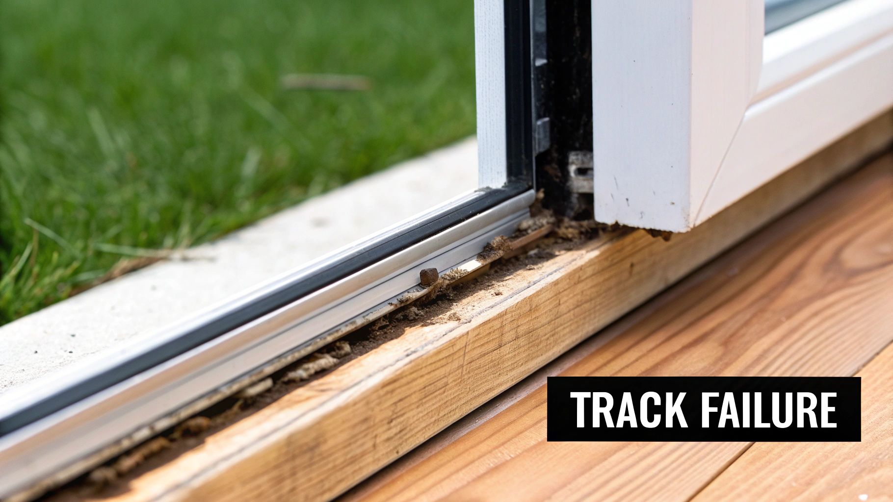 Close-up of a severely damaged and dirty sliding window track with debris and a rusty nail.