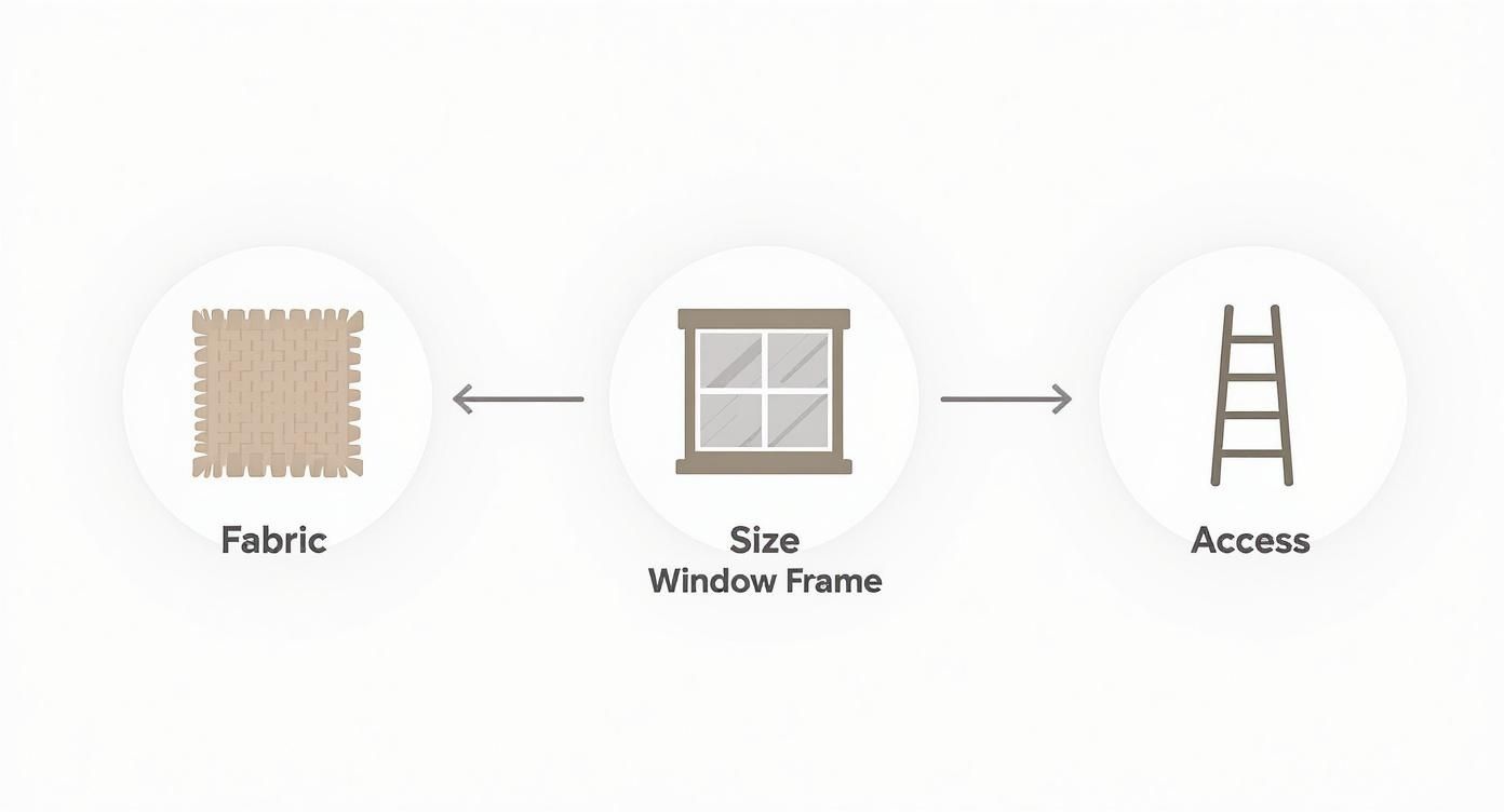 Diagram showing three factors for window treatments: fabric, window frame size, and access.
