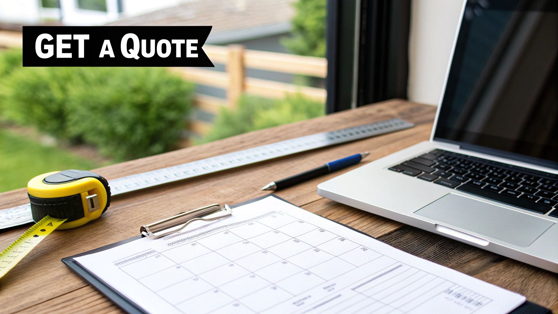 A desk with a laptop, measuring tape, calendar, and pen, next to a 'GET A QUOTE' banner.