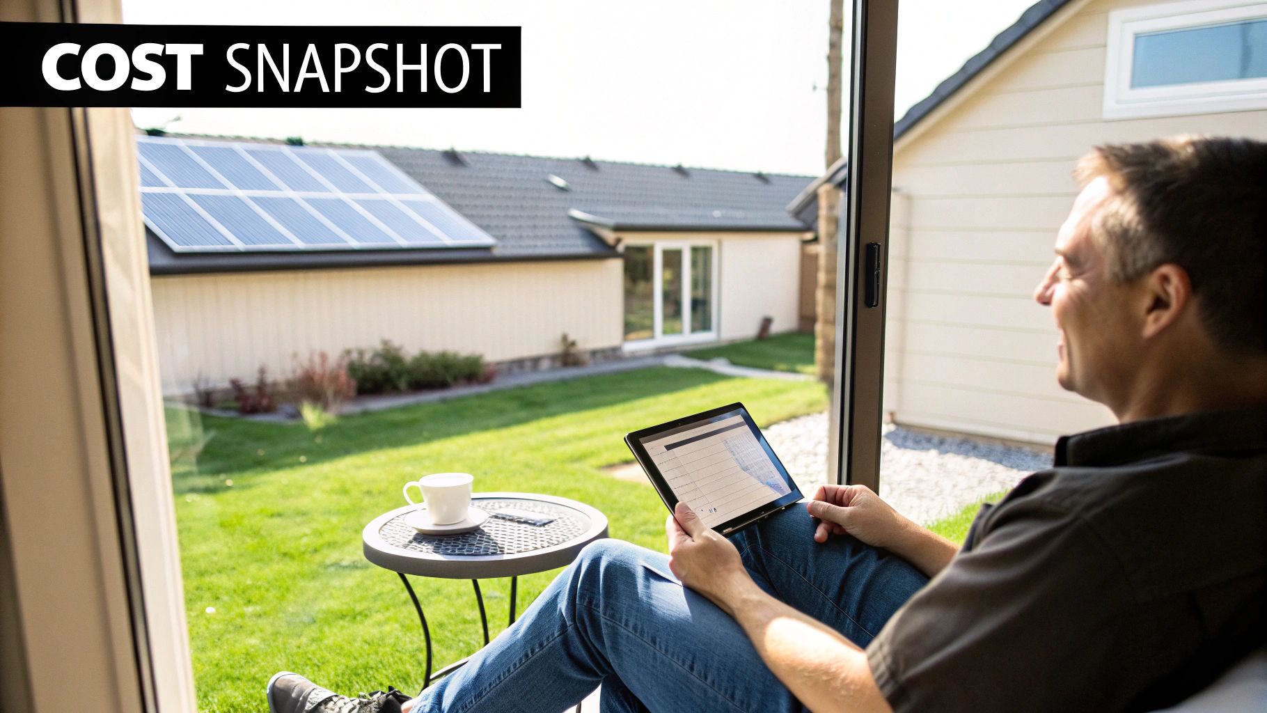 A man relaxing at home, viewing solar panels on a distant house while using a tablet.