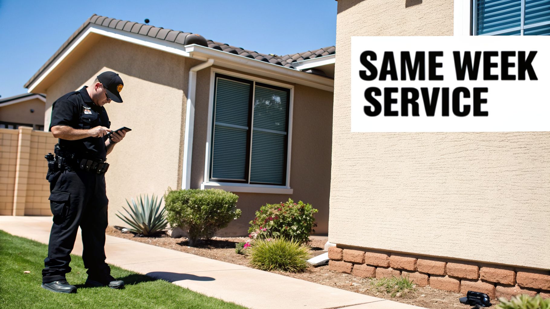 A service technician stands on a green lawn outside a house, checking his phone, with 'SAME WEEK SERVICE' text.