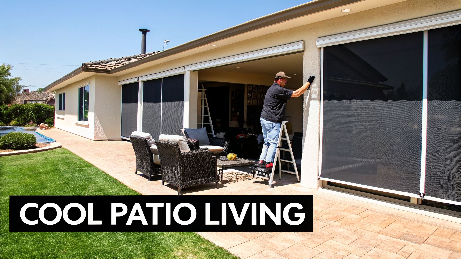 A man installs black solar screens on a bright patio with outdoor furniture, green lawn, and pool.