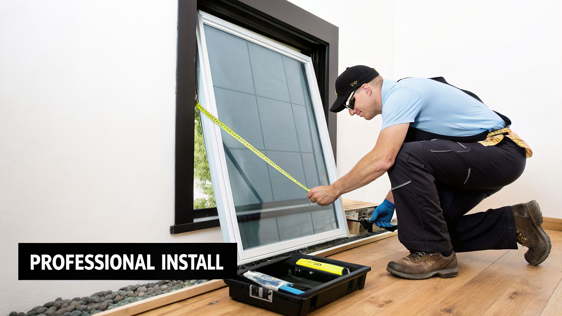A professional installer meticulously measures a new window frame for precise installation.