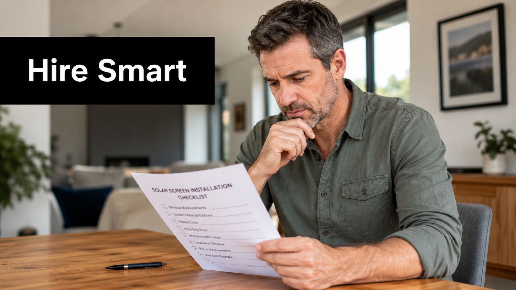 A middle-aged man reviewing a solar screen installation checklist while sitting at a wooden table.