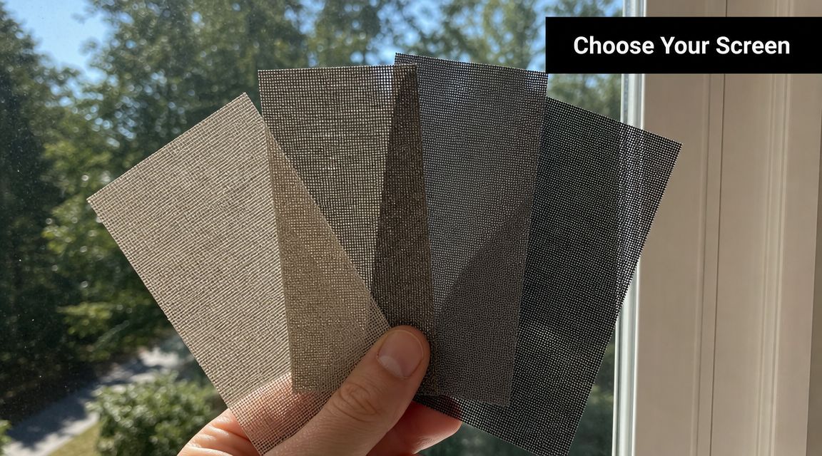 A hand holding a variety of window solar screen material samples against a bright outdoor background.