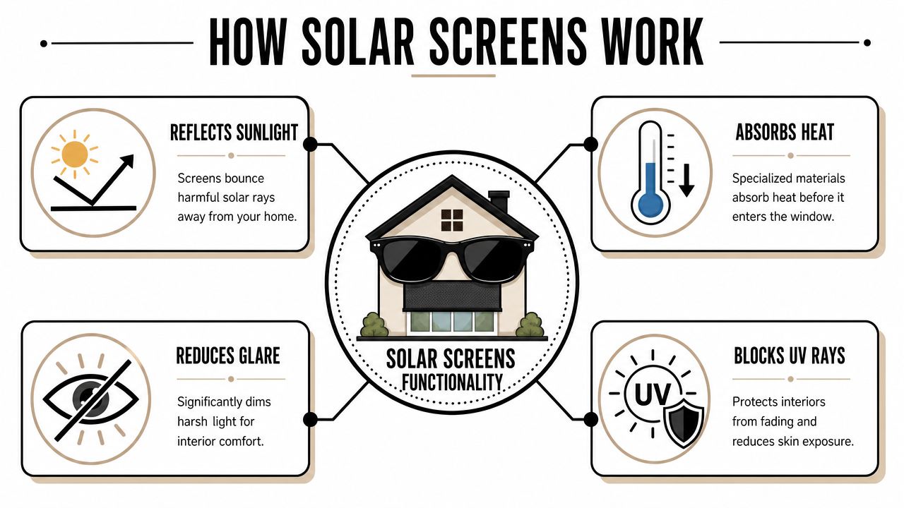 An infographic showing four key benefits of solar screens for windows including light reflection and heat absorption.