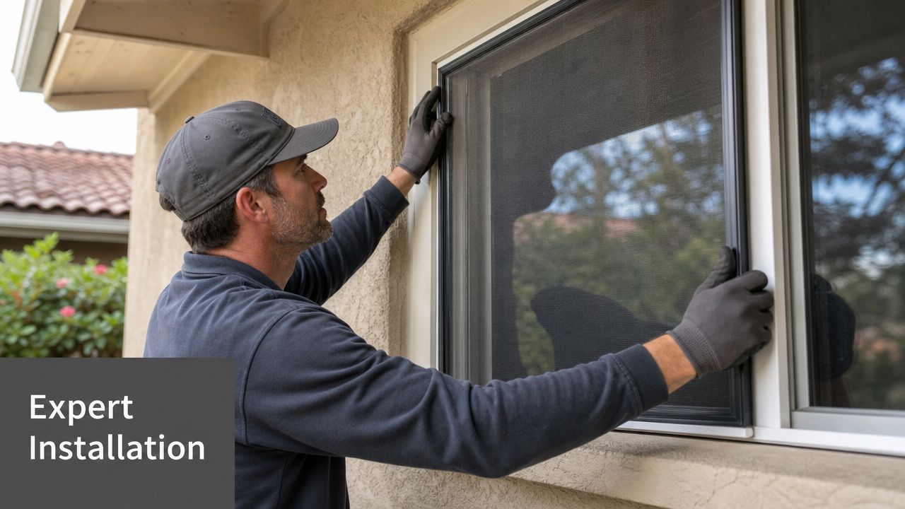 A professional technician carefully installing a dark solar screen onto a home's window for improved insulation.