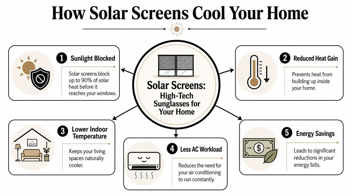 An infographic showing how solar screens cool your home by blocking sunlight and reducing energy costs.