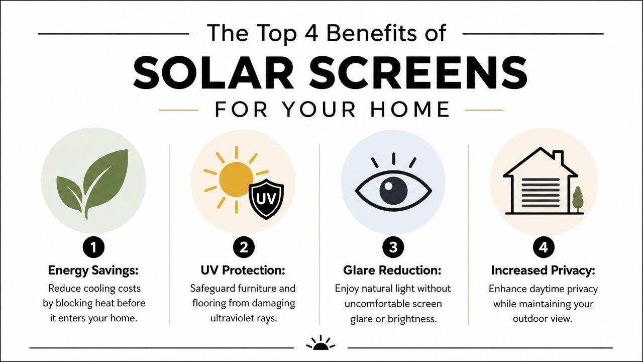 An infographic detailing the top four benefits of installing solar screens for your home.