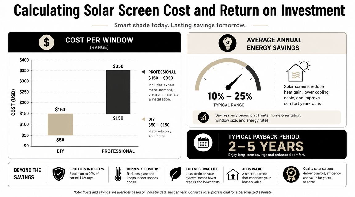 An infographic showing the cost ranges, energy savings, and long-term benefits of installing solar screens on windows.
