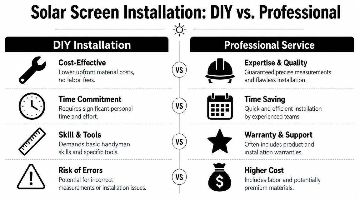 A comparison infographic detailing the pros and cons of DIY versus professional solar screen window installation.
