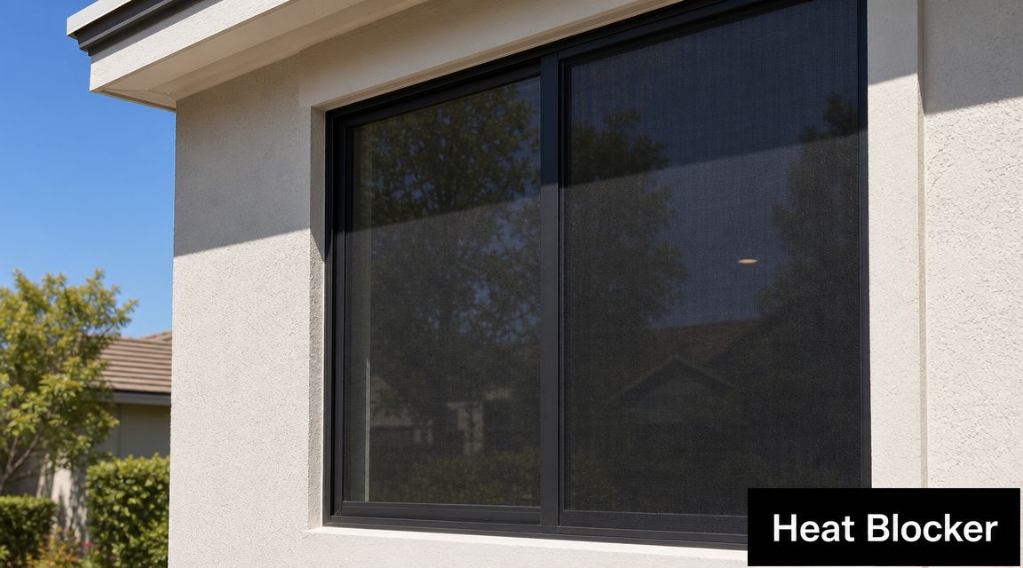 A close-up view of a residential home window installed with black solar screens to block heat.