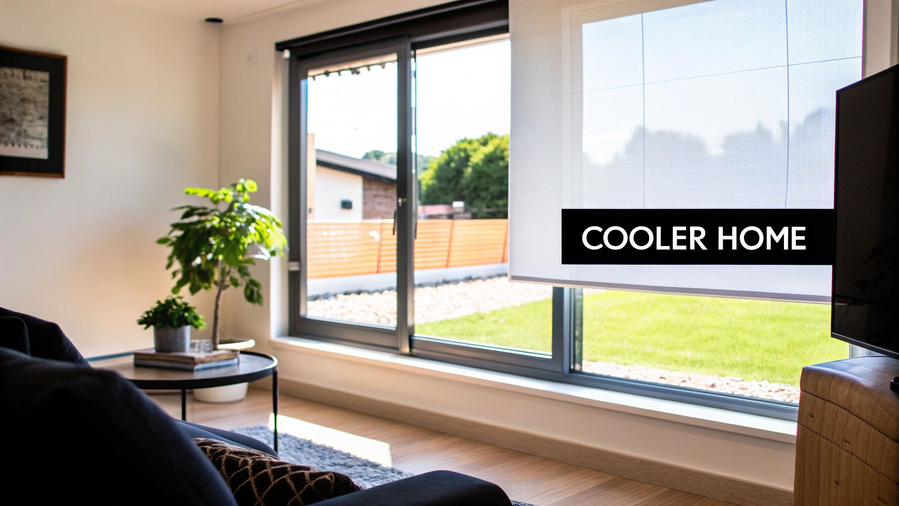 A bright living room featuring a sofa, plants, and a large window with a 'COOLER HOME' roller blind.