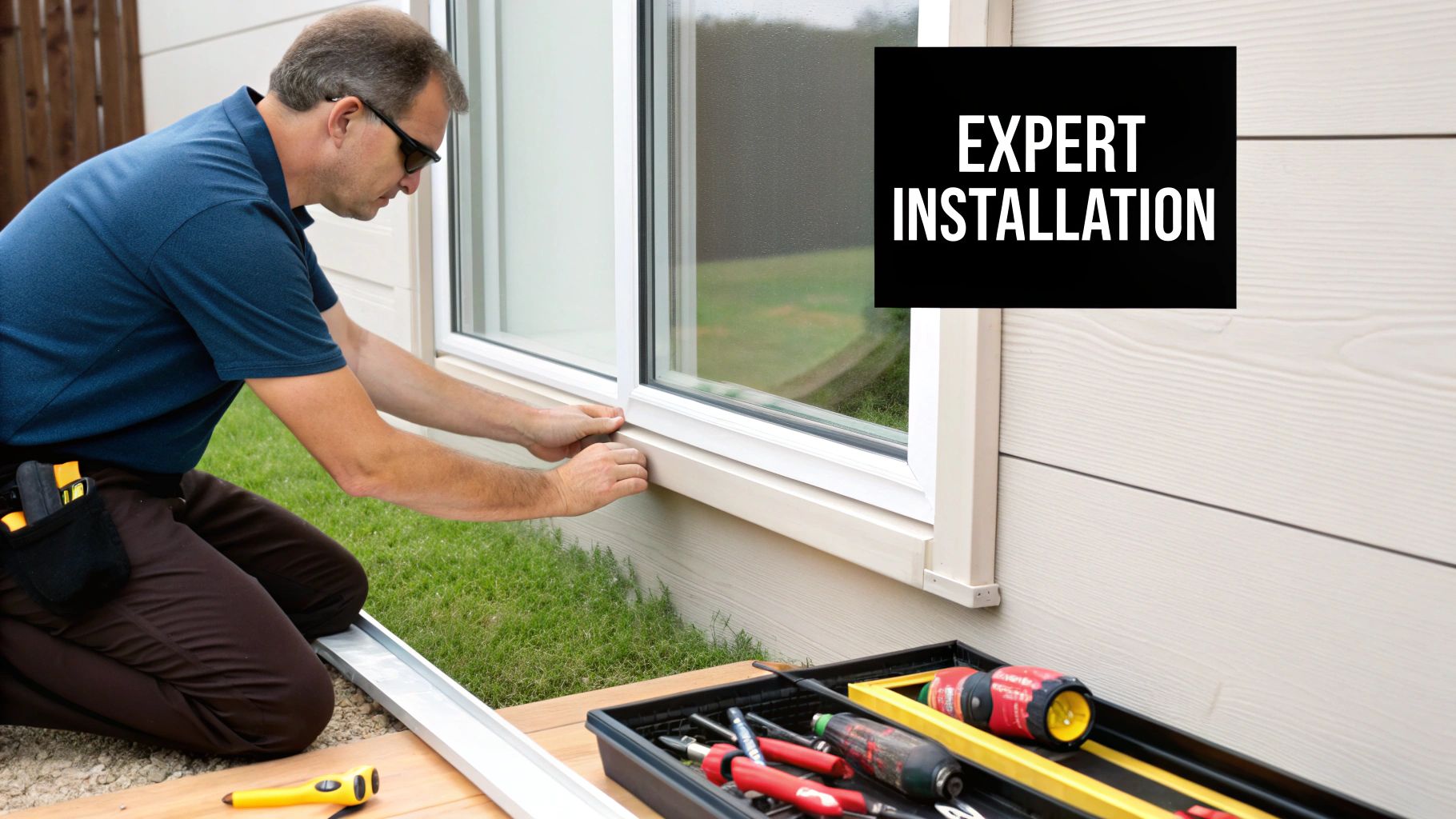 A man in sunglasses meticulously installing a new window on a house, with 'EXPERT INSTALLATION' text.