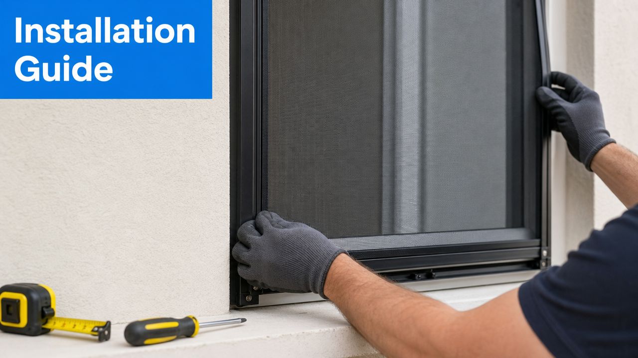 A professional installer wearing protective gloves fitting a black metal solar screen to a window frame.