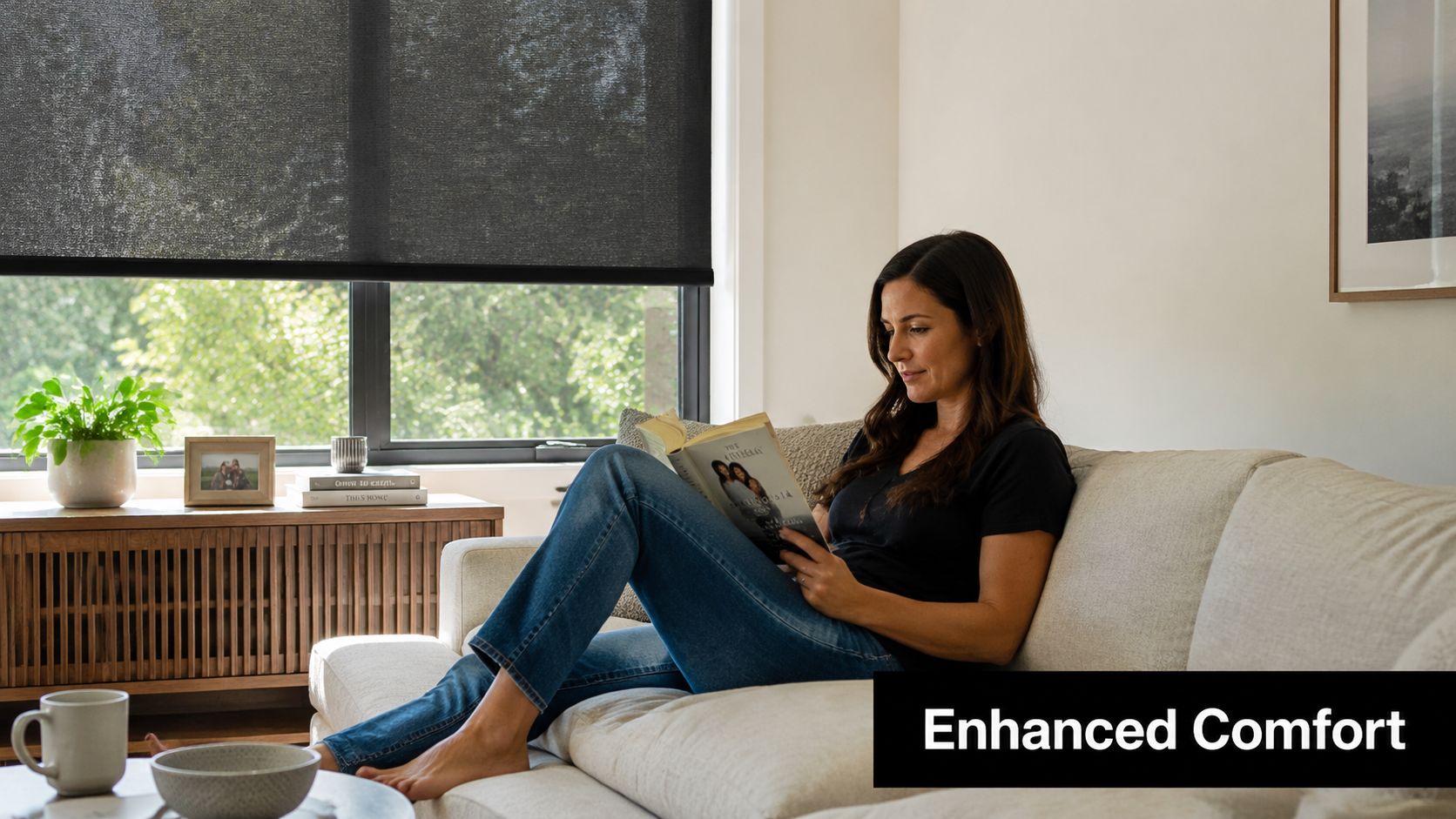 A woman relaxes on a light-colored sofa while reading a book near a window with solar screens.