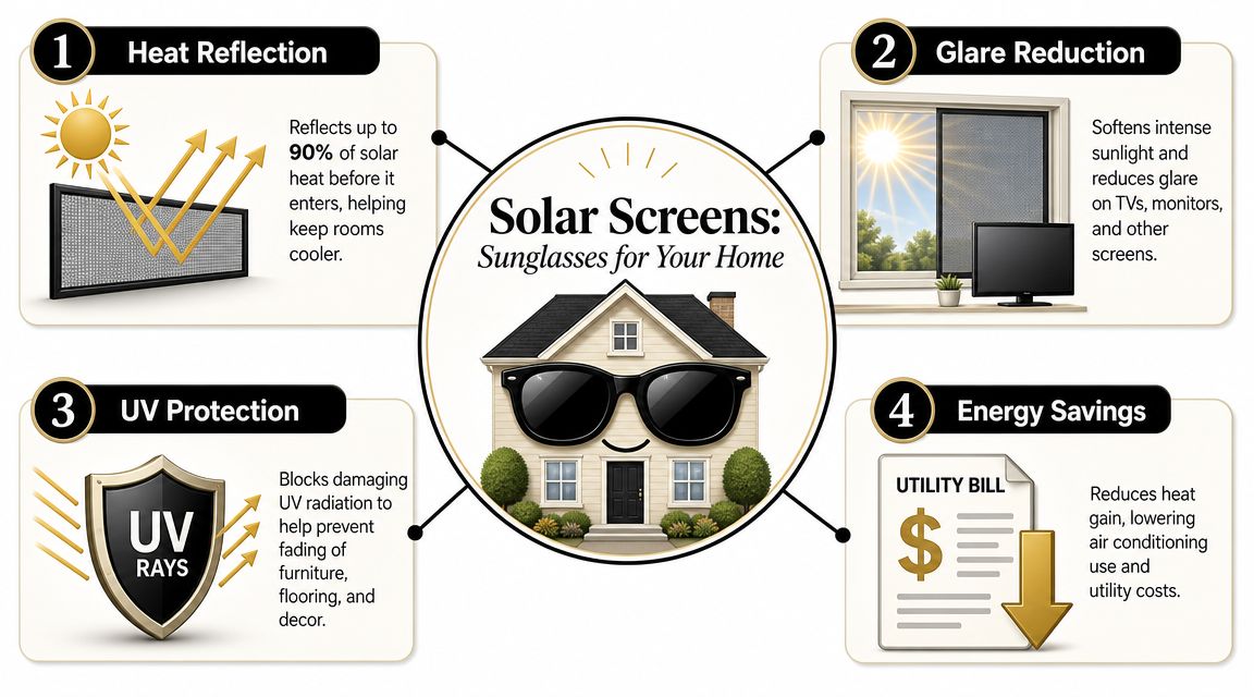 An infographic showing four key benefits of installing solar screens on residential windows for home energy efficiency.