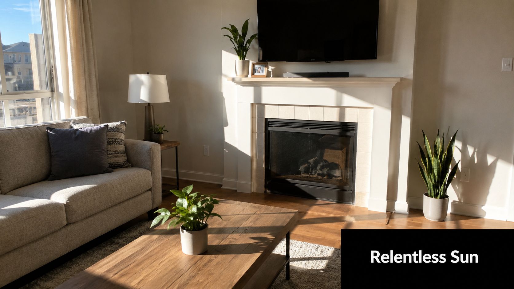 A brightly lit living room with a fireplace, comfortable sofa, and green plants, illustrating heat management.
