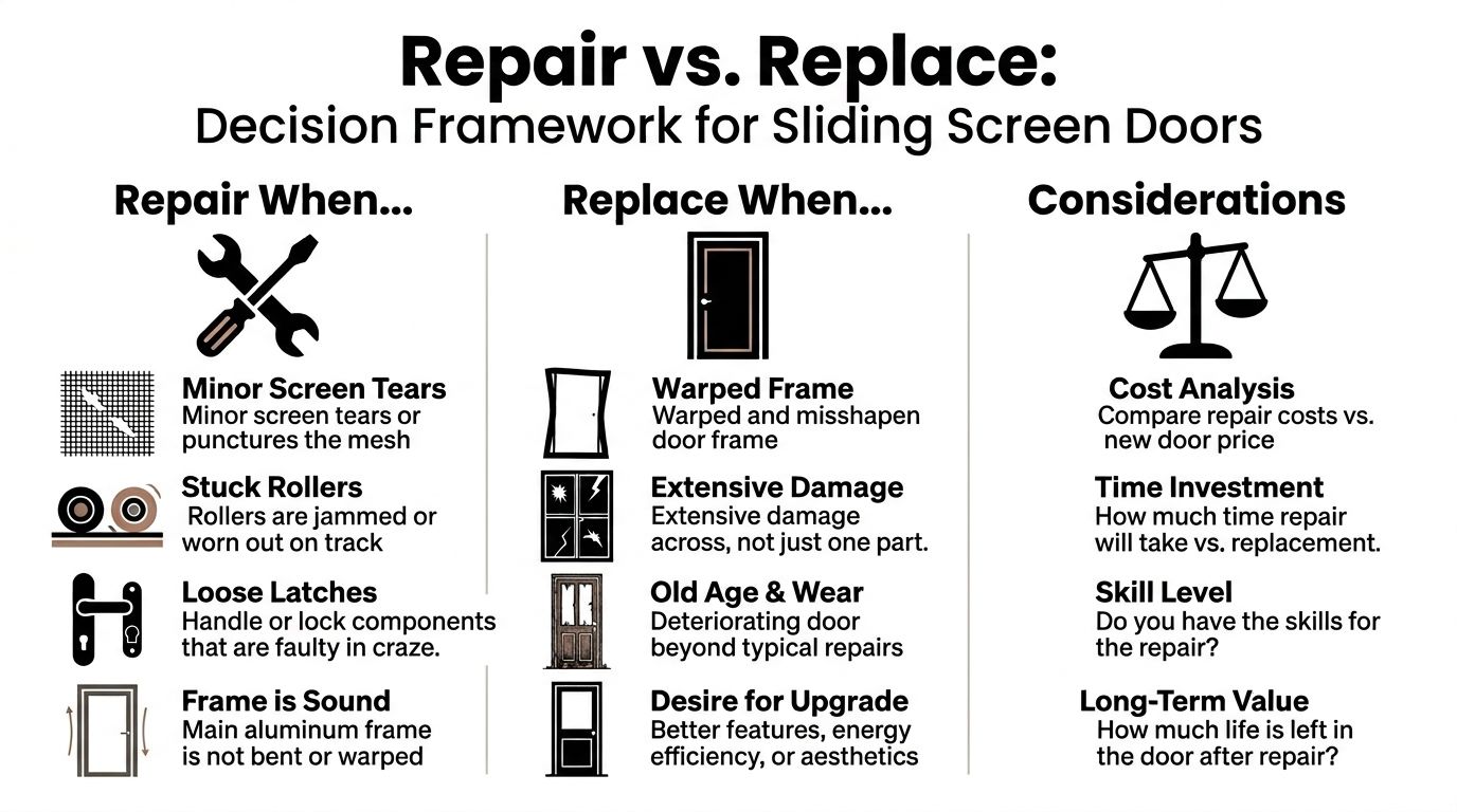 A decision framework chart for sliding screen doors explaining when to repair versus when to replace.