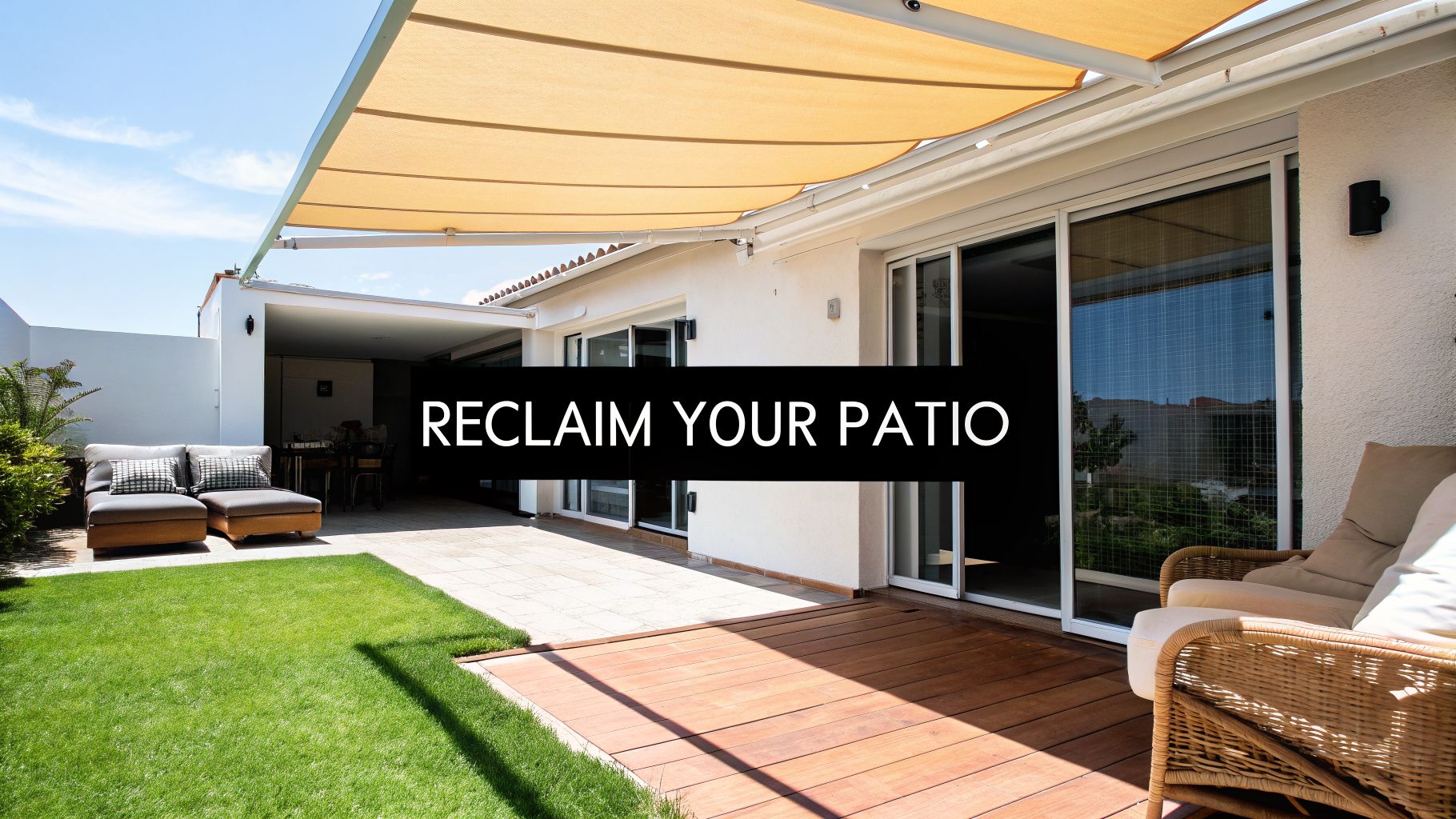 A sunny outdoor patio featuring a retractable beige awning, green grass, and outdoor seating.
