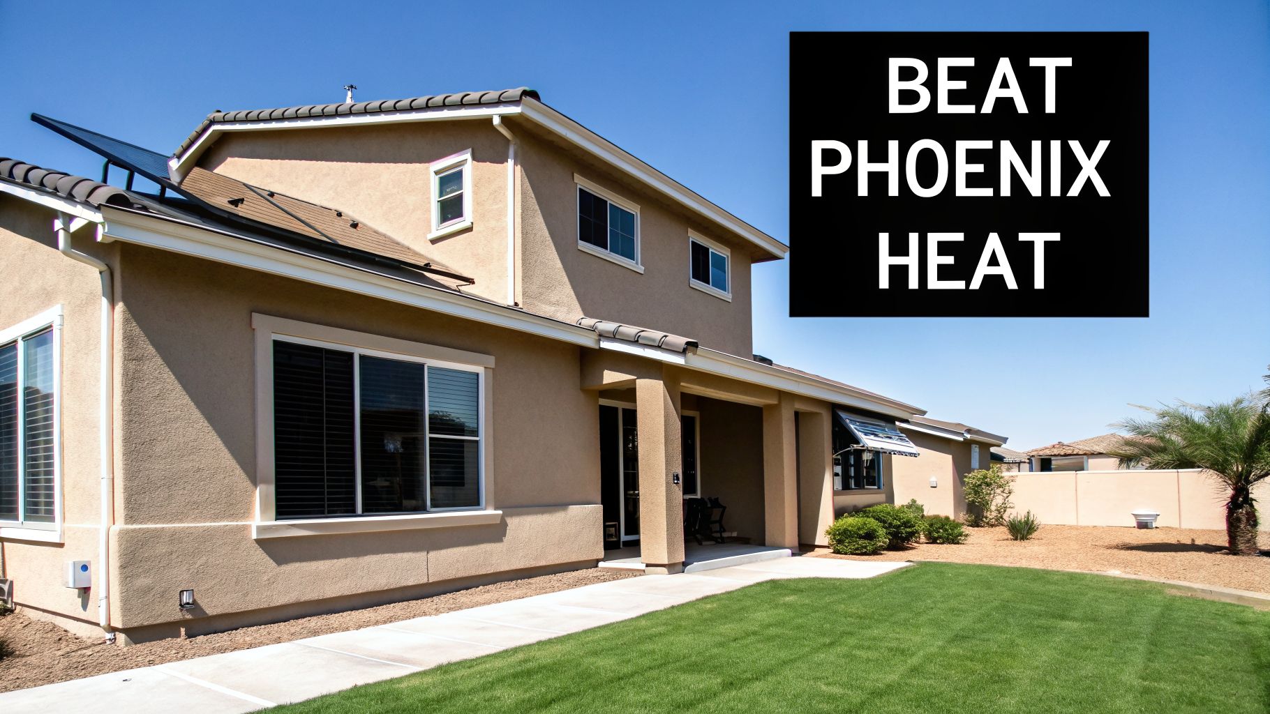 Modern stucco house with a solar panel, green lawn, and 'Beat Phoenix Heat' text.