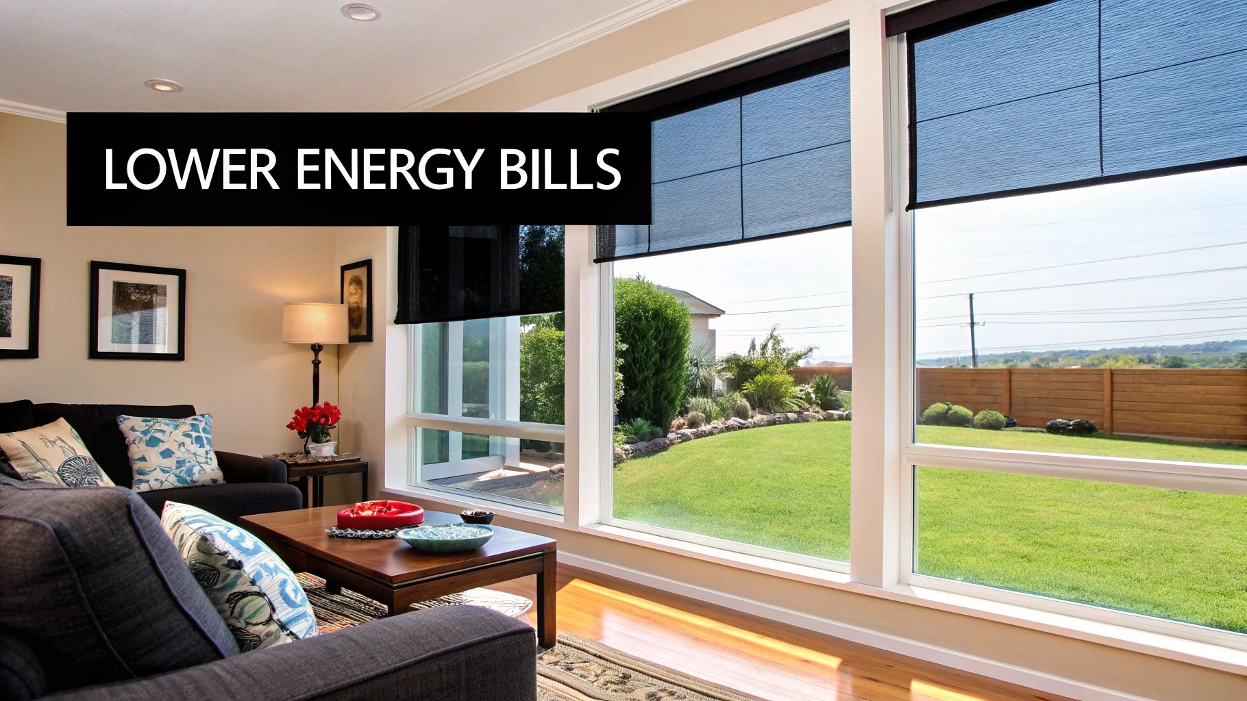 Living room with black window shades on large windows overlooking a green backyard, promoting 'LOWER ENERGY BILLS'.