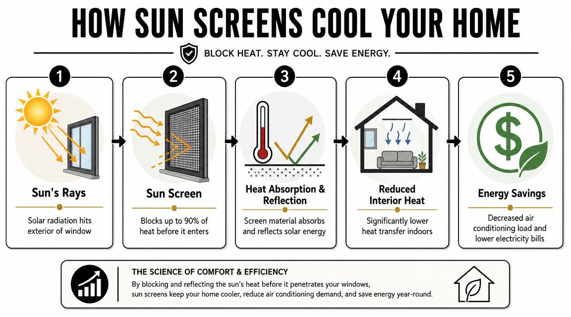 A five-step infographic explaining how exterior sun screens block heat, reduce indoor temperatures, and save energy.