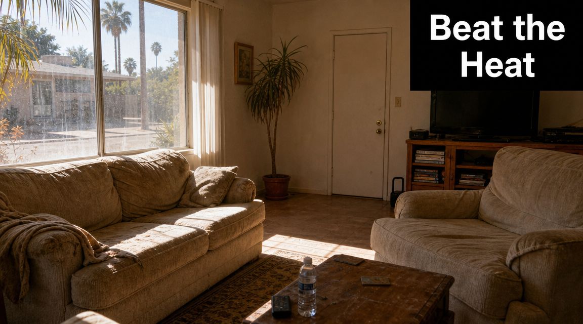 A sunlit living room featuring a comfortable couch and armchair, suggesting a need for window shading solutions.