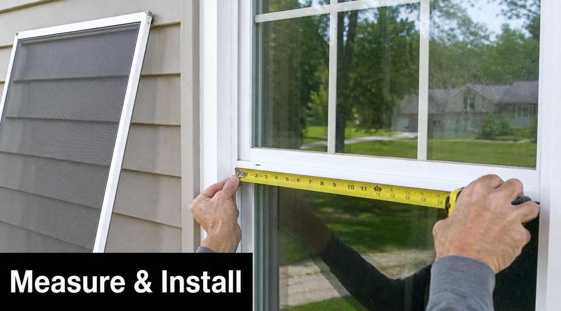 A person using a yellow tape measure to record the width of a window for installation.