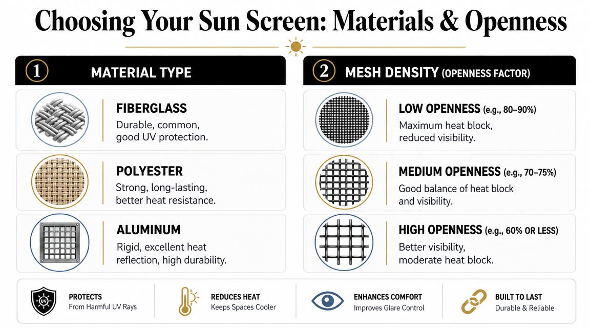 A guide explaining different sun screen materials like fiberglass and aluminum alongside their openness factor settings.